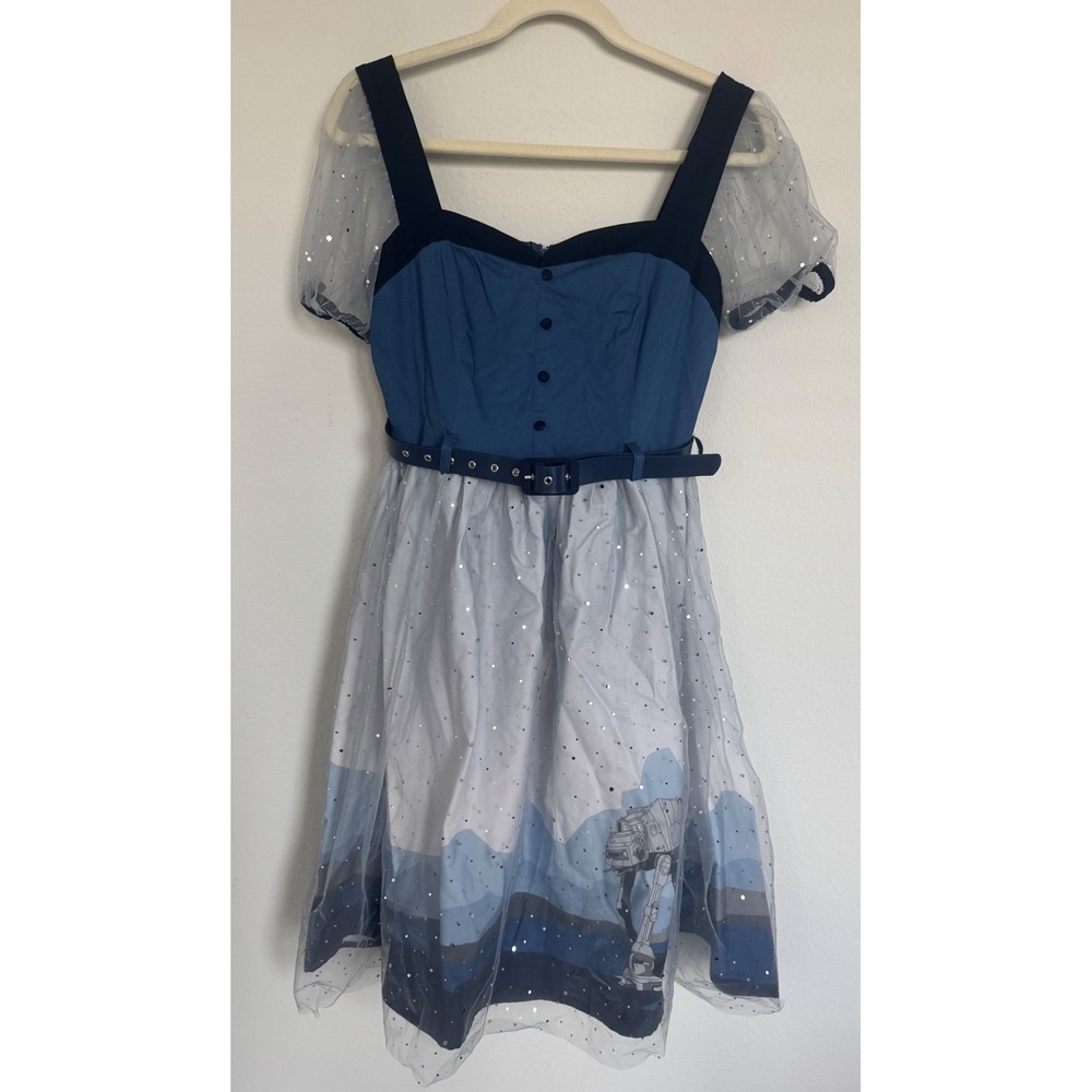 Her Universe Star Wars Hoth AT-AT Sequin Mesh Puff Sleeve Dress Blue Small-0700